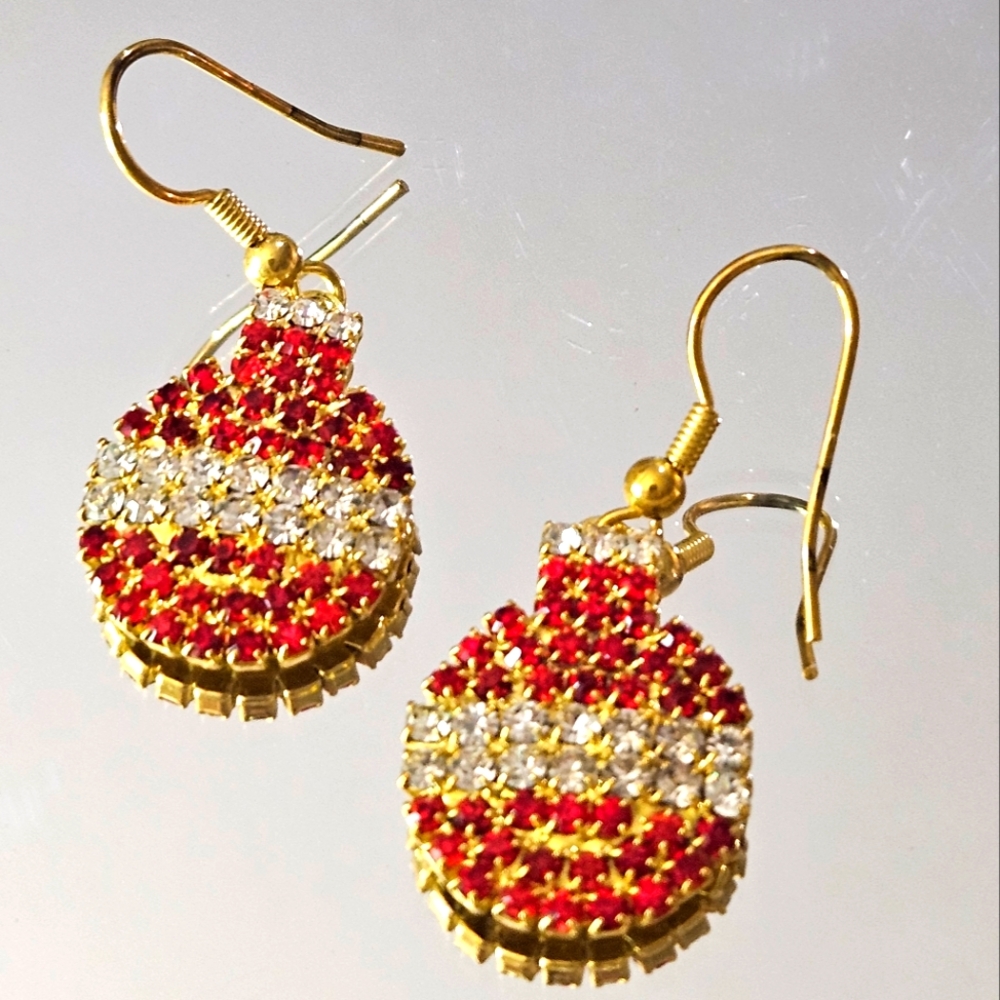 Vintage Christmas Ornament Earrings In Red And White Rhinestones